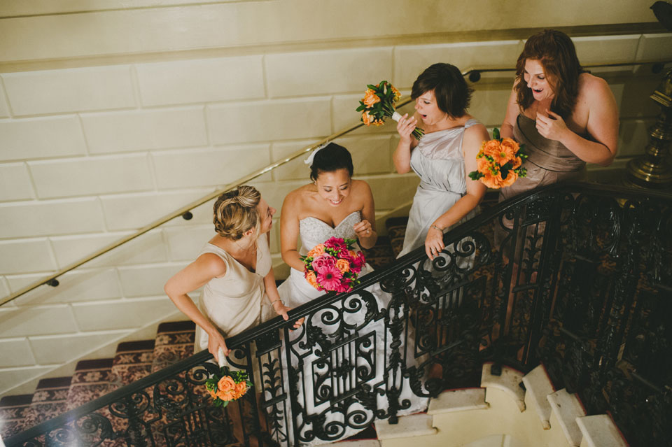 bridesmaids on stairs